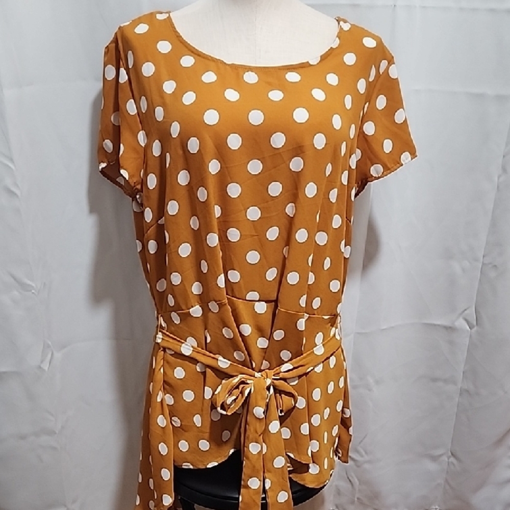 New York & Company Mustard and White Polka Dot Blouse